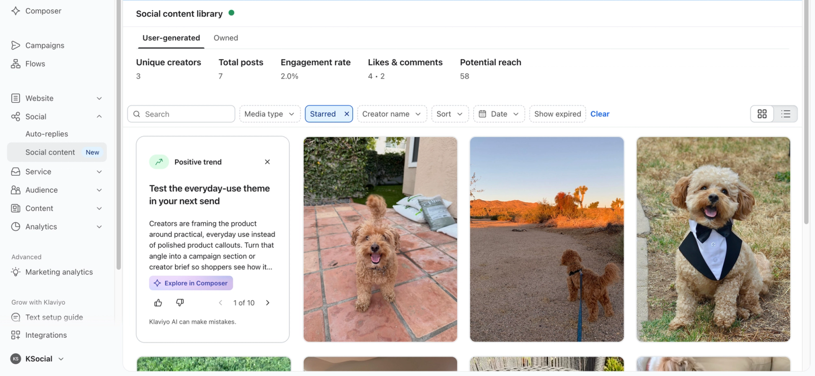 A social content library dashboard displaying user-generated content, featuring three images of small brown dogs.