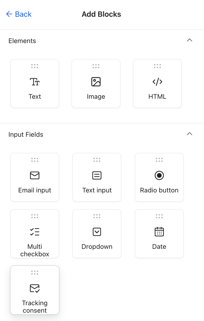 The Add Blocks panel in the preference page editor, with Tracking consent under Input Fields.
