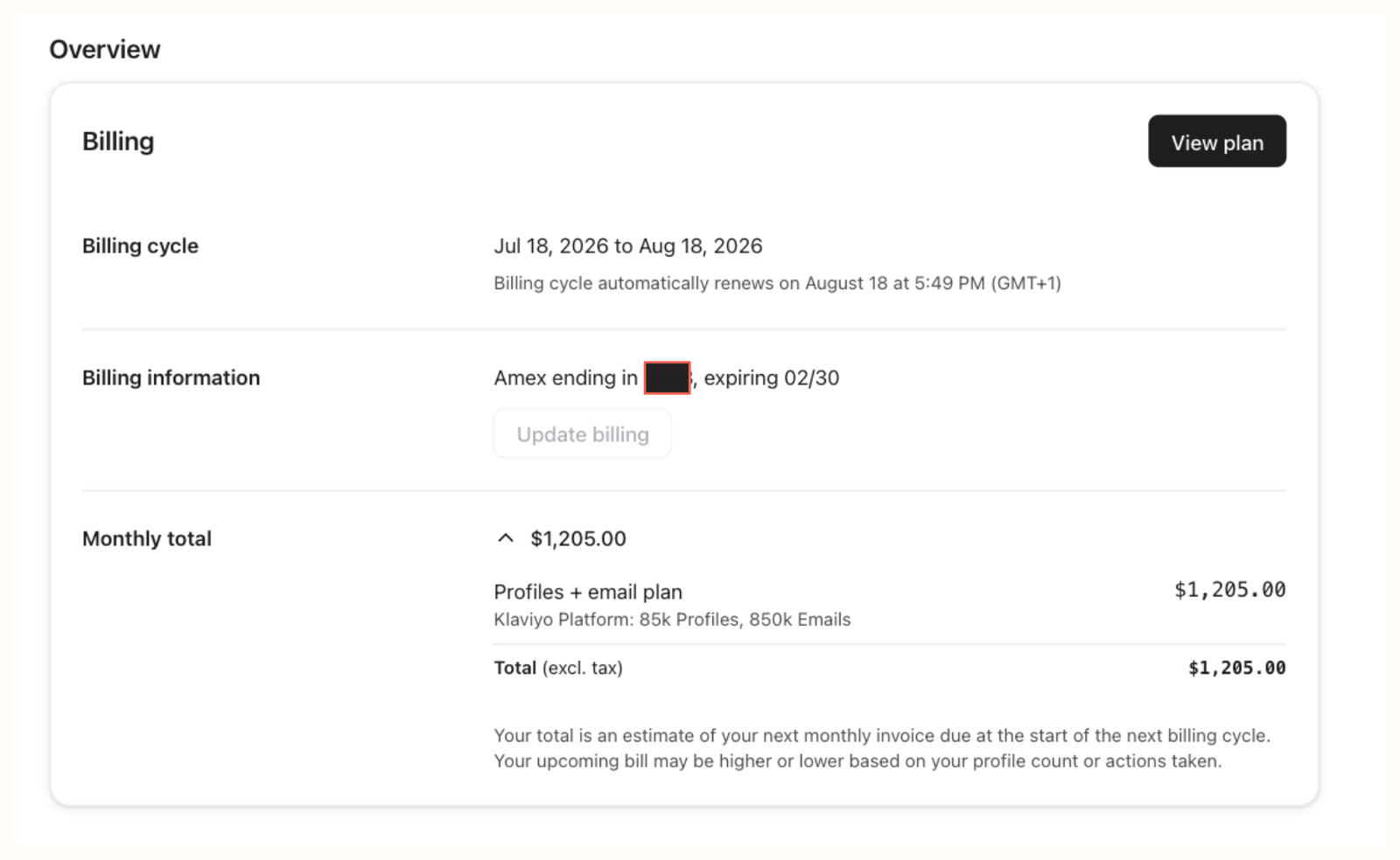 A billing overview page showing a monthly total of $1,205.00, the billing cycle, and payment details.