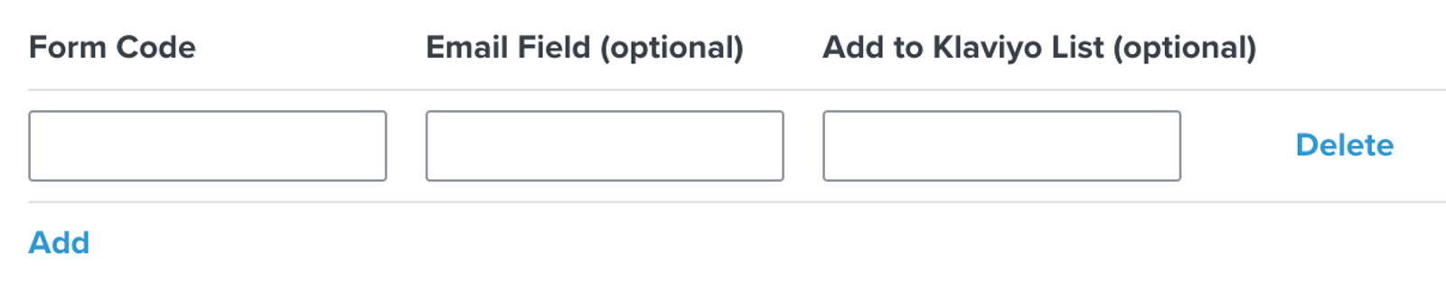 Wufoo integration settings page in Klaviyo showing setting for Form Code, Email Field, and Add to Klaviyo list with Delete in blue