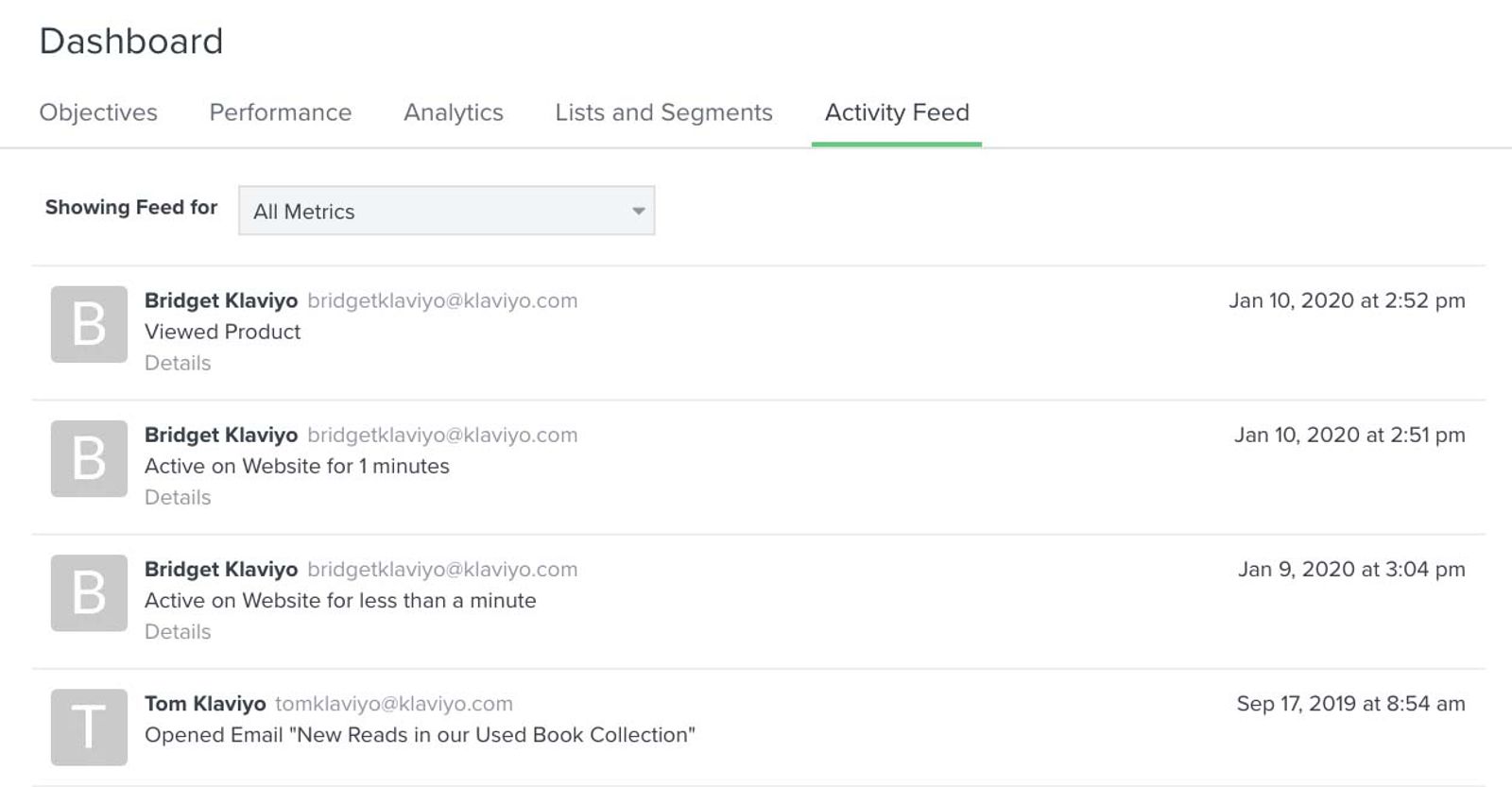 View of the activity feed page with user information and timestamps below