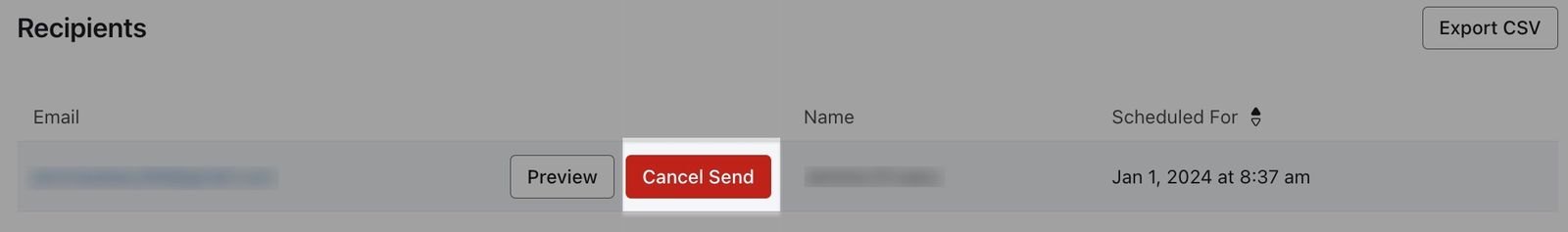 Hovering over a recipient email with Cancel Send button highlighted