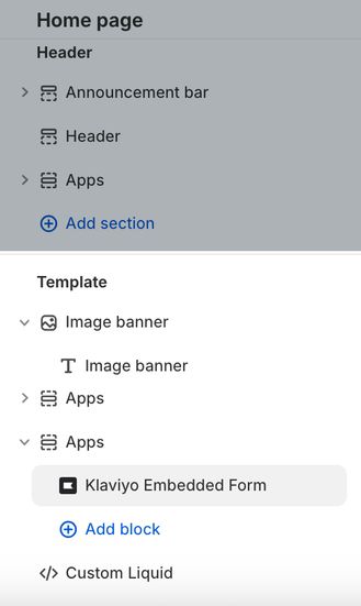 A Shopify store's hope page open in the theme editor and showing a Klaviyo Embedded Form app in the Template section.