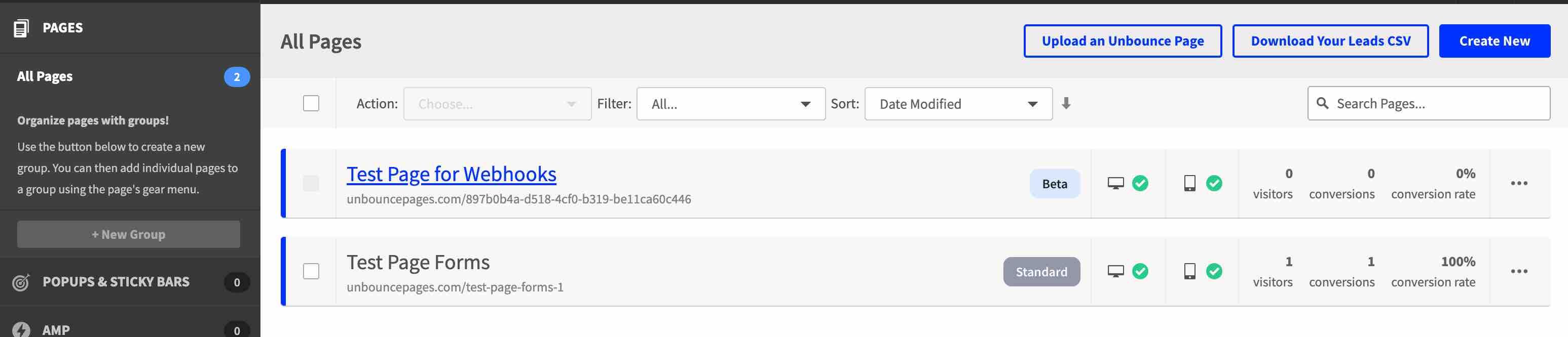 All Pages page in Unbounce with Create New with dark blue background