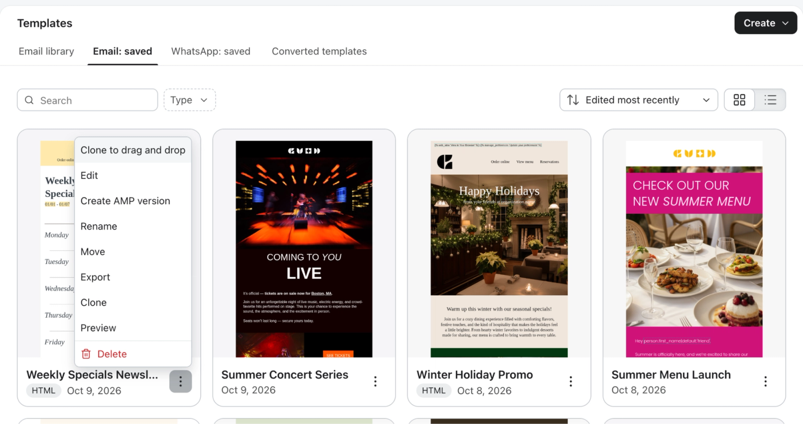 Template card menu with Clone to drag and drop at the top