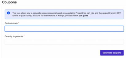 Coupons section in Klaviyo PrestaShop module settings