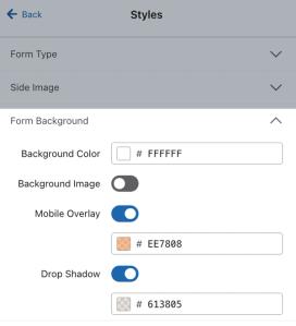 The Form Background section of the Styles tab in the form editor showing both Mobile Overlay and Drop Shadow toggled on and configured with example colors.