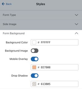 The Form Background section of the Styles tab in the form editor showing both Mobile Overlay and Drop Shadow toggled on and configured with example colors.