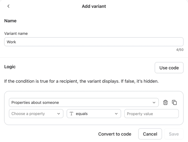 The Use code option in the logic builder.