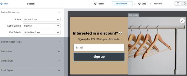 The button menu showing in the form editor for an example form with the Action set to Submit Form and the After Submit set to Show Next Step