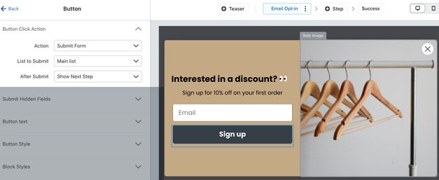 The button menu showing in the form editor for an example form with the Action set to Submit Form and the After Submit set to Show Next Step