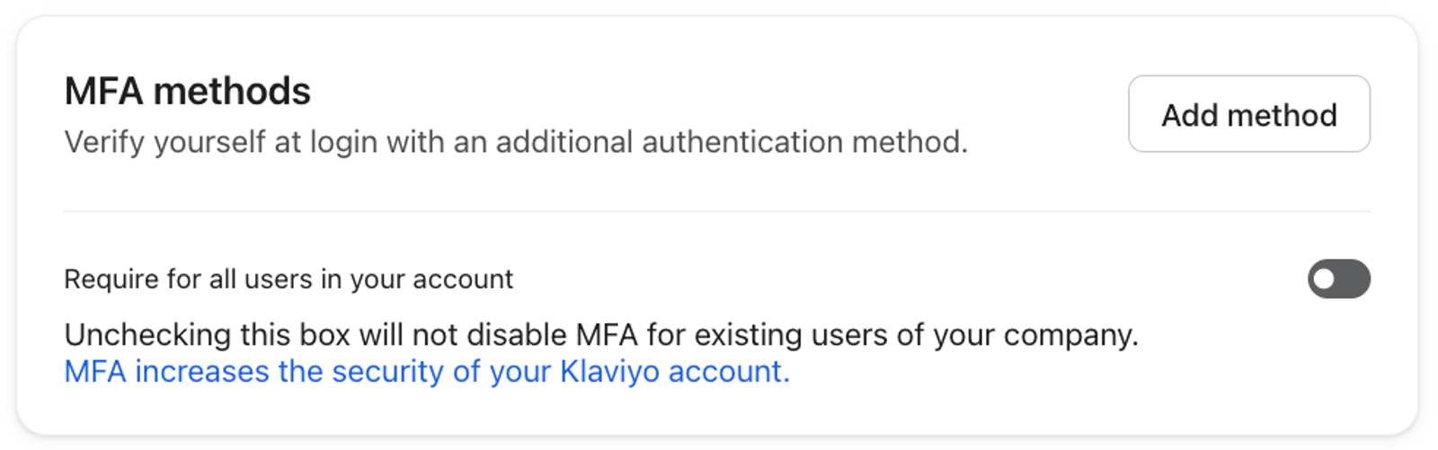 MFA methods settings card with "Add method" button and "Require for all users" toggle..
