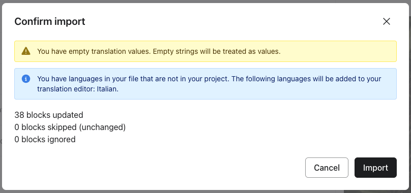Import summary dialog showing counts of updated, unchanged, and ignored rows, with warnings listed above the Import button.