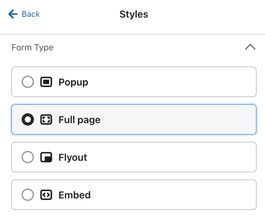 The Styles section open within the form editor showing the Full page selected in the Form Type menu.