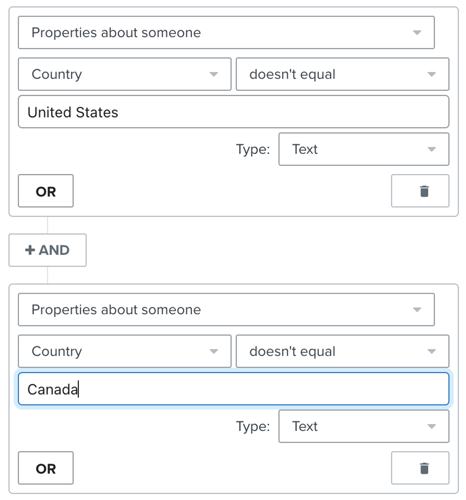 Correct setup of a flow trigger where Country doesn't equal US or Canada, using the AND connector