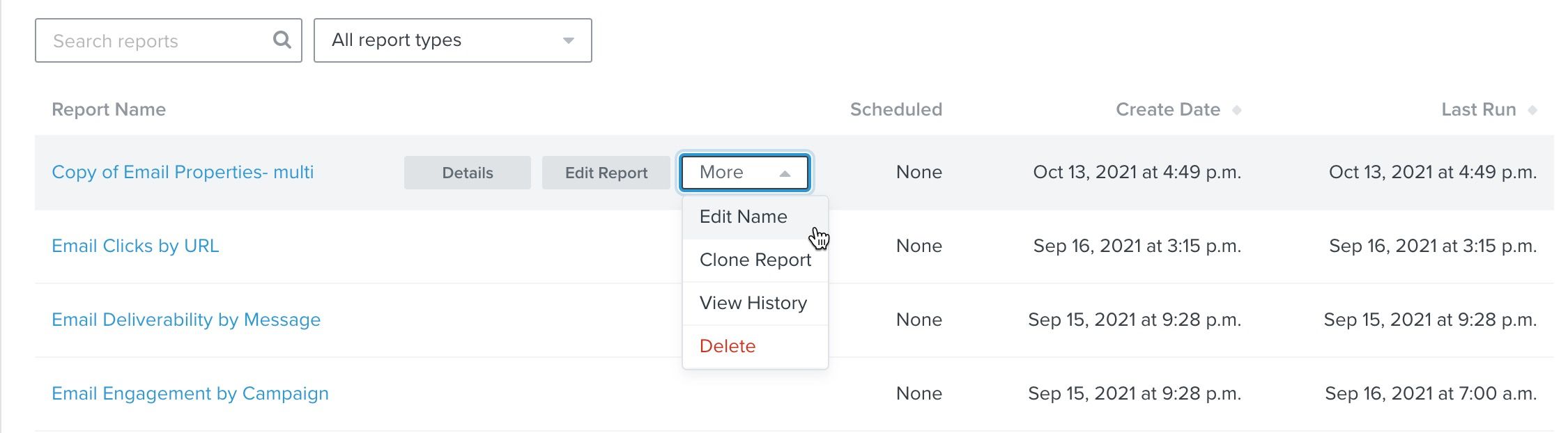 On the Custom Reports list page, the button labeled more to the right of a report will open a dropdown when clicked and shown Rename Report 