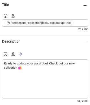 A form with Title and Description fields, the description reads 'Ready to update your wardrobe? Check out our new collection 🛍️'.