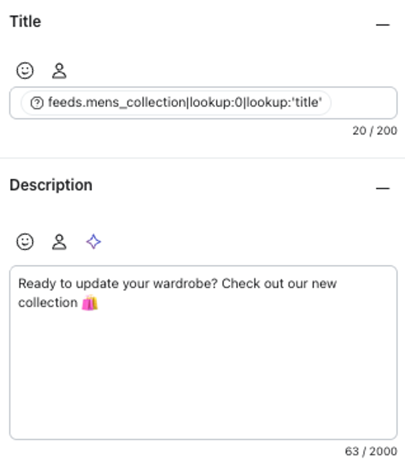 A form with Title and Description fields, the description reads 'Ready to update your wardrobe? Check out our new collection 🛍️'.