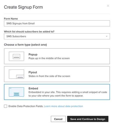 The modal to create a new signup form