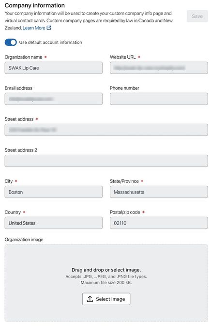 Company info fields including name, URL, email address, phone number, address, and to add a logo