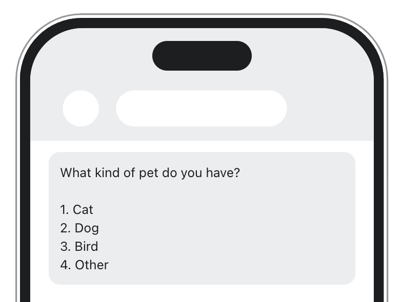 Aperçu d'un message demandant le type d'animal de compagnie d'une personne