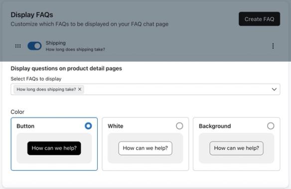 The Display questions on product detail pages menu on the FAQs tab in Klaviyo showing one FAQ selected to display.