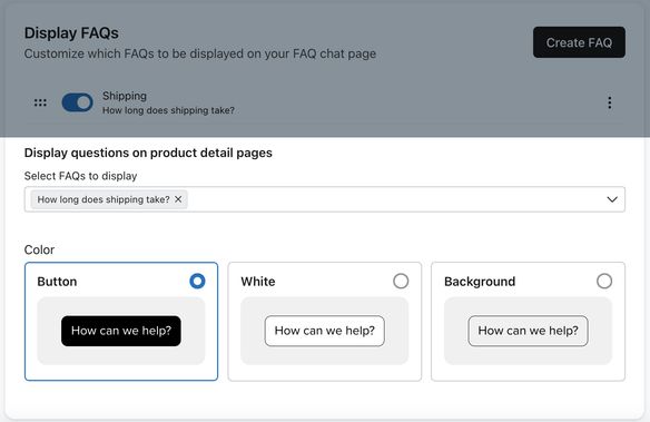 The Display questions on product detail pages menu on the FAQs tab in Klaviyo showing one FAQ selected to display.