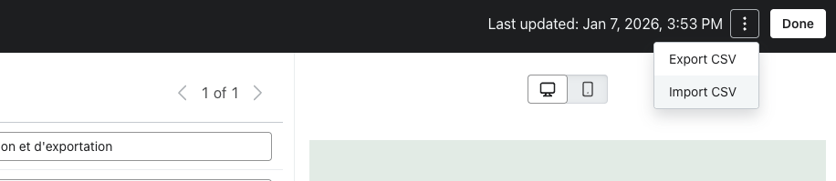 Translation editor with the Export CSV option highlighted in the actions menu