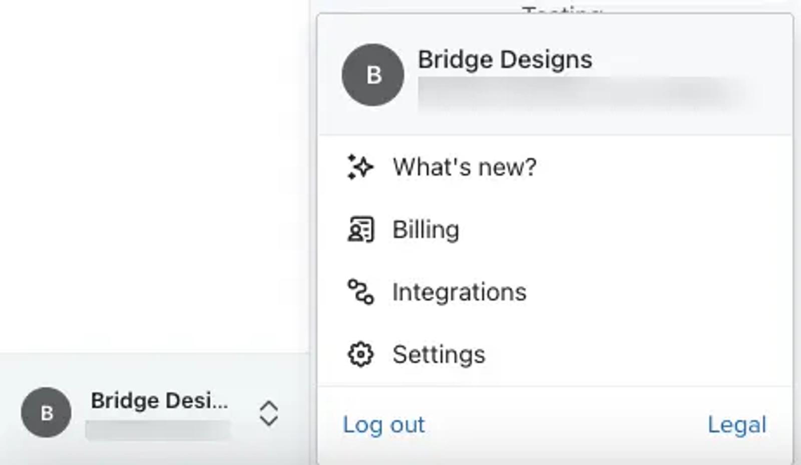 The account menu open, which appears when you click on your account name in Klaviyo.