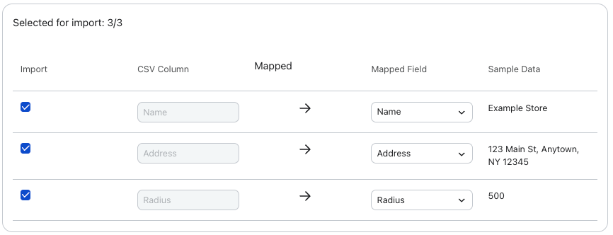 Data import mapping screen showing CSV columns 'Name', 'Address', 'Radius' mapped to corresponding fields with sample data. 3/3 items selected for import.