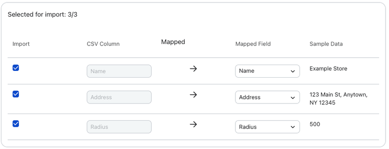 Data import mapping screen showing CSV columns 'Name', 'Address', 'Radius' mapped to corresponding fields with sample data. 3/3 items selected for import.