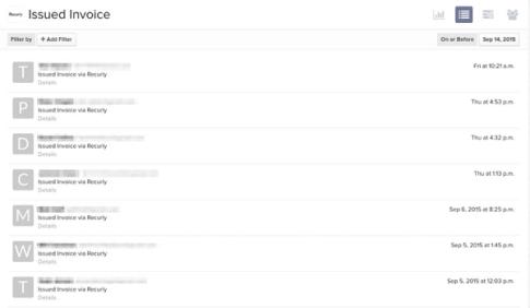 Page showing list of Issued Invoice via Recurly metrics in Klaviyo with timestamps