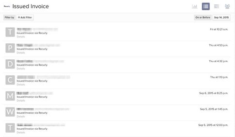 Page showing list of Issued Invoice via Recurly metrics in Klaviyo with timestamps