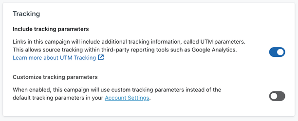 UTM tracking is toggled on in Klaviyo's campaign builder
