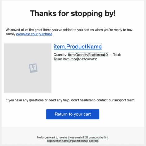 Klaviyo template builder showing email Thanks for stopping by and Return to your cart in white with blue background