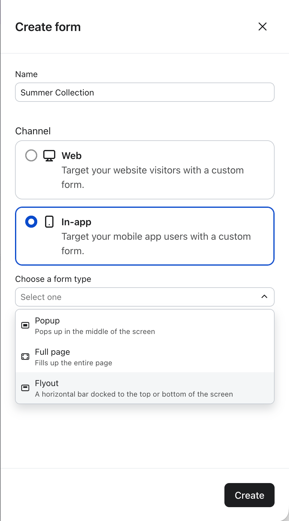 A "Create form" interface with "Summer Collection" as the name, "In-app" selected for the channel, and a dropdown showing form types: Popup, Full page, and Flyout.
