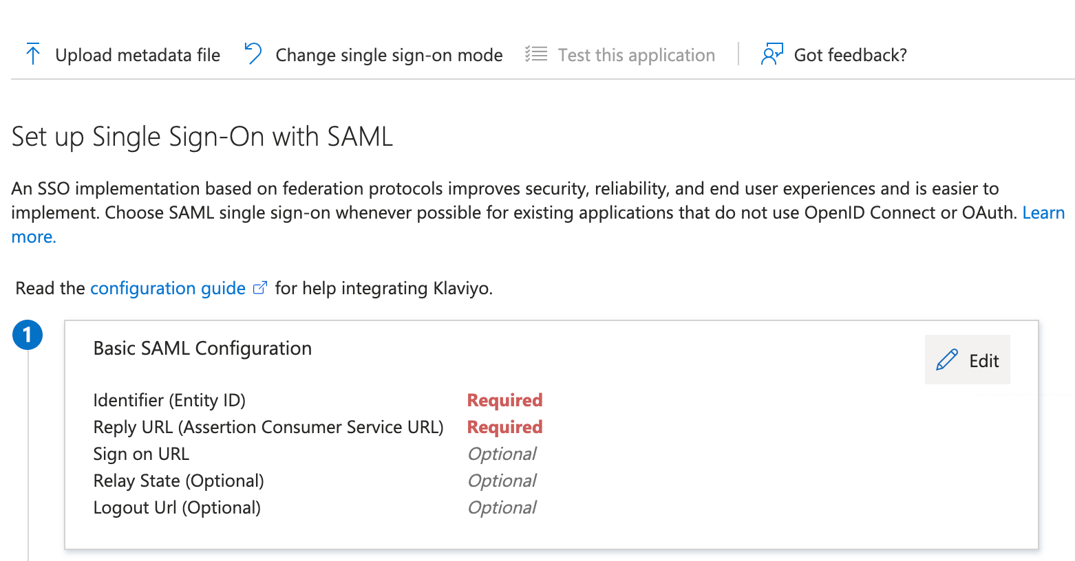 Basic SAML configuration box, step 1 in the single sign-on page