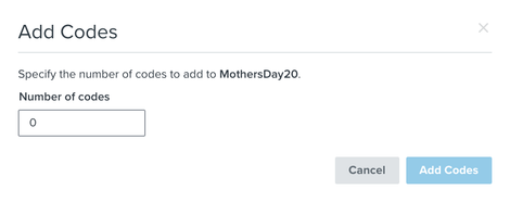 Add Codes modal where you can specify how many more codes to add to a coupon