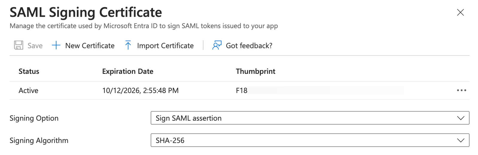Sidebar to edit the SAML certificates' signing option and algorithm
