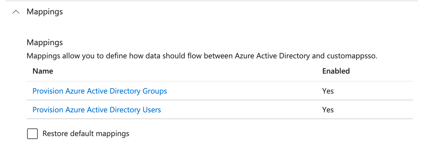 Mappings dropdown to provision (in order) Azure AD groups or users