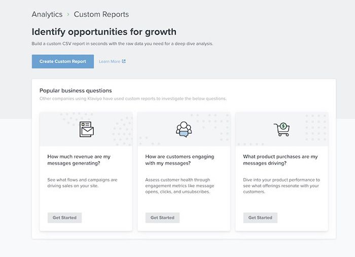 Inside the reports library in custom reports with Create Custom Report button at top and popular business questions below