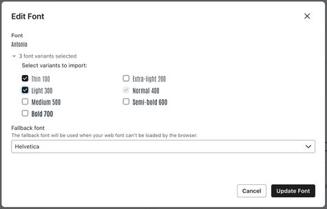 The Edit Font menu in Klaviyo showing additional font variants selected to add to an account's existing Google Font.
