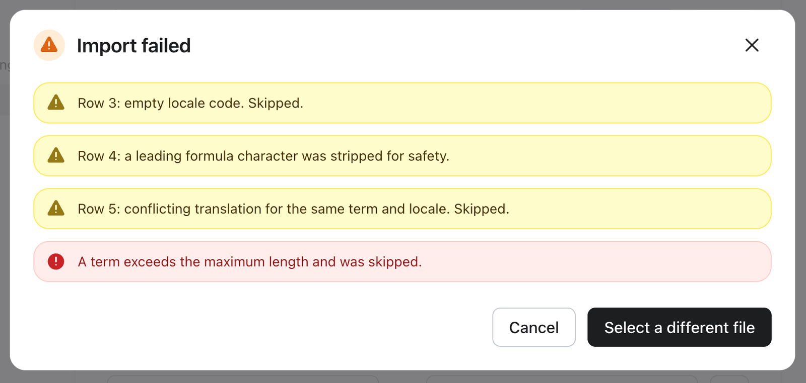 Failed import example with warnings and errors. 