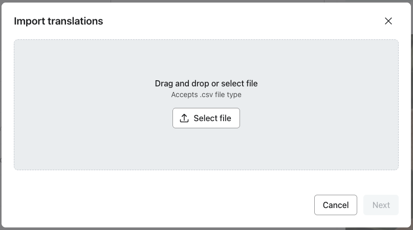Import CSV modal in the translation editor with Select file and drag-and-drop options.