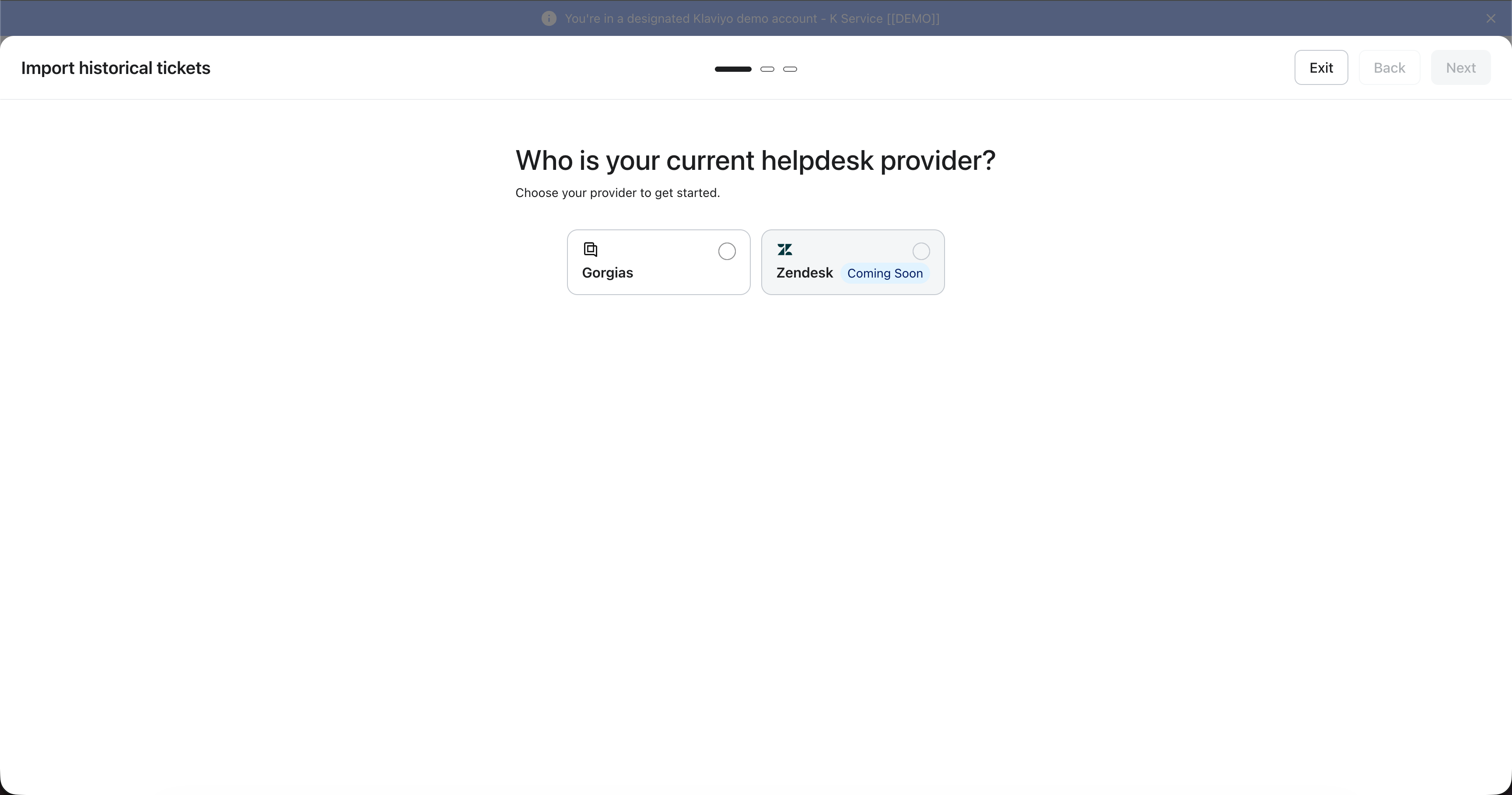 A screen for importing historical tickets, asking "Who is your current helpdesk provider?" with options Gorgias and Zendesk (Coming Soon).