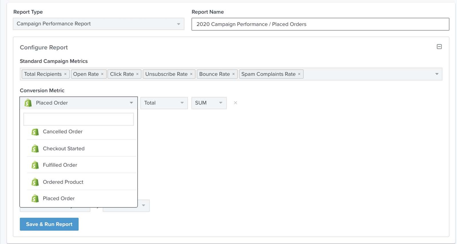 In a custom report showing the conversion metric dropdown with placed order chosen
