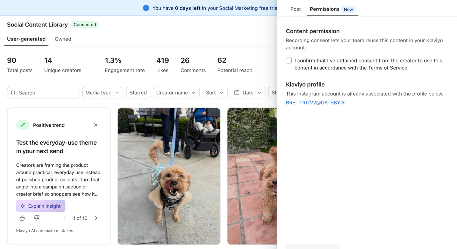 A dashboard displaying a "Social Content Library" with metrics and user-generated content, including a photo of a dog licking its lips. A "Permissions" modal partially overlays the right side, showing content consent options and an associated Klaviyo profile.