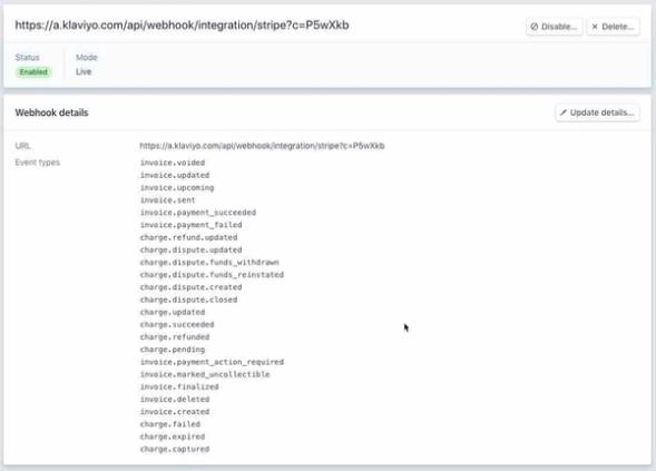 Stripe webhook page with status Enabled highlighted in green