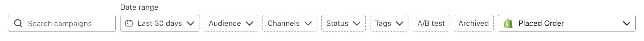 Campaign filter bar with date range, audience, channels, status, tags, A/B test, archived, and placed order options