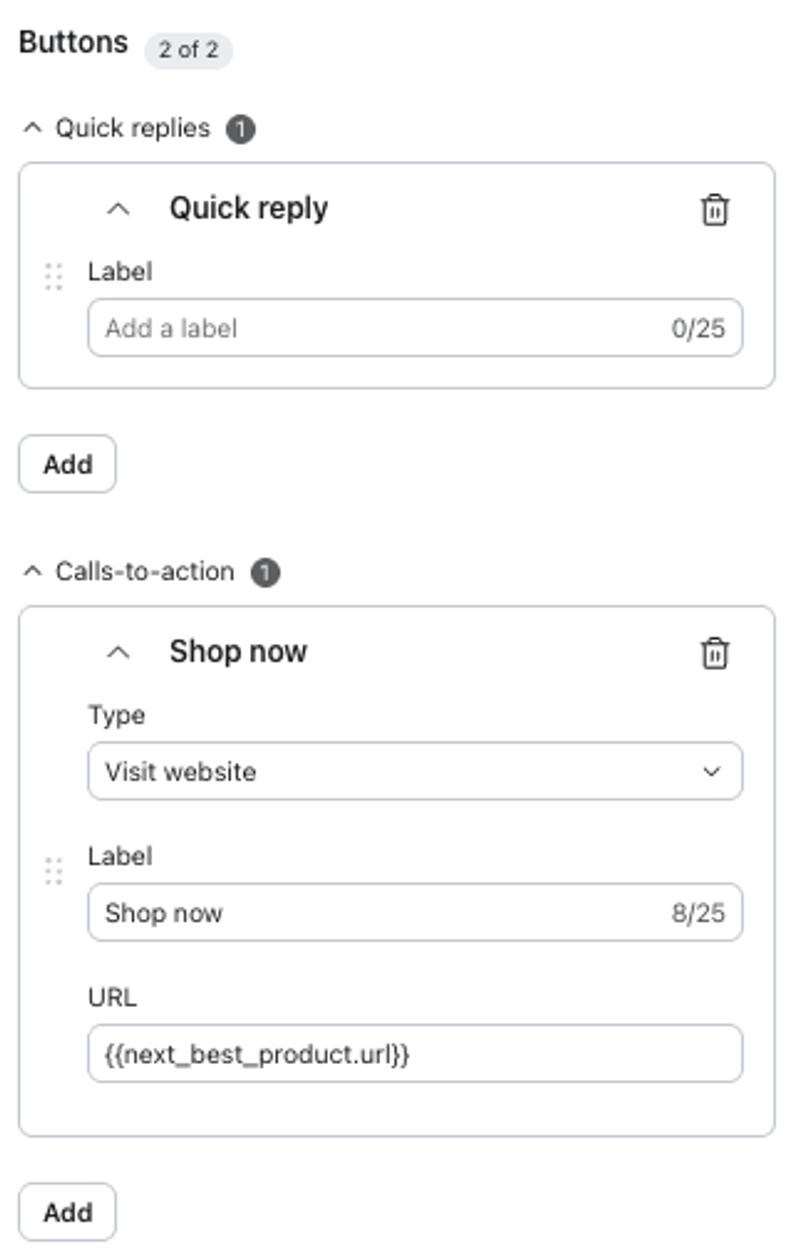 User interface for configuring buttons, showing an empty quick reply form and a 'Shop now' call-to-action with a dynamic URL.